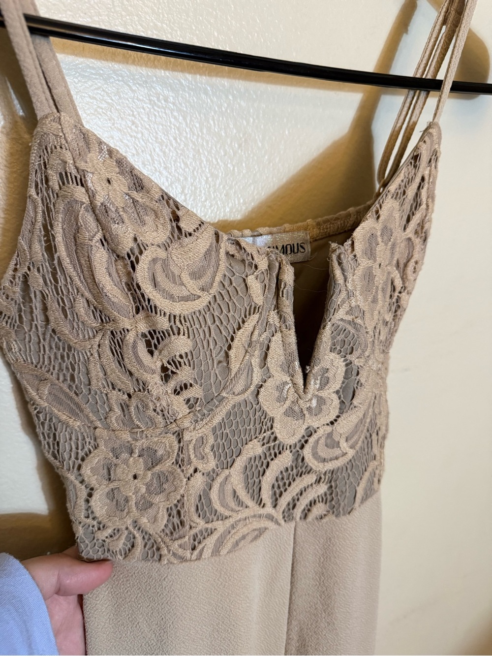 Almost Famous Taupe Lace Bodice Jumpsuit Wide Leg Large Tie Back